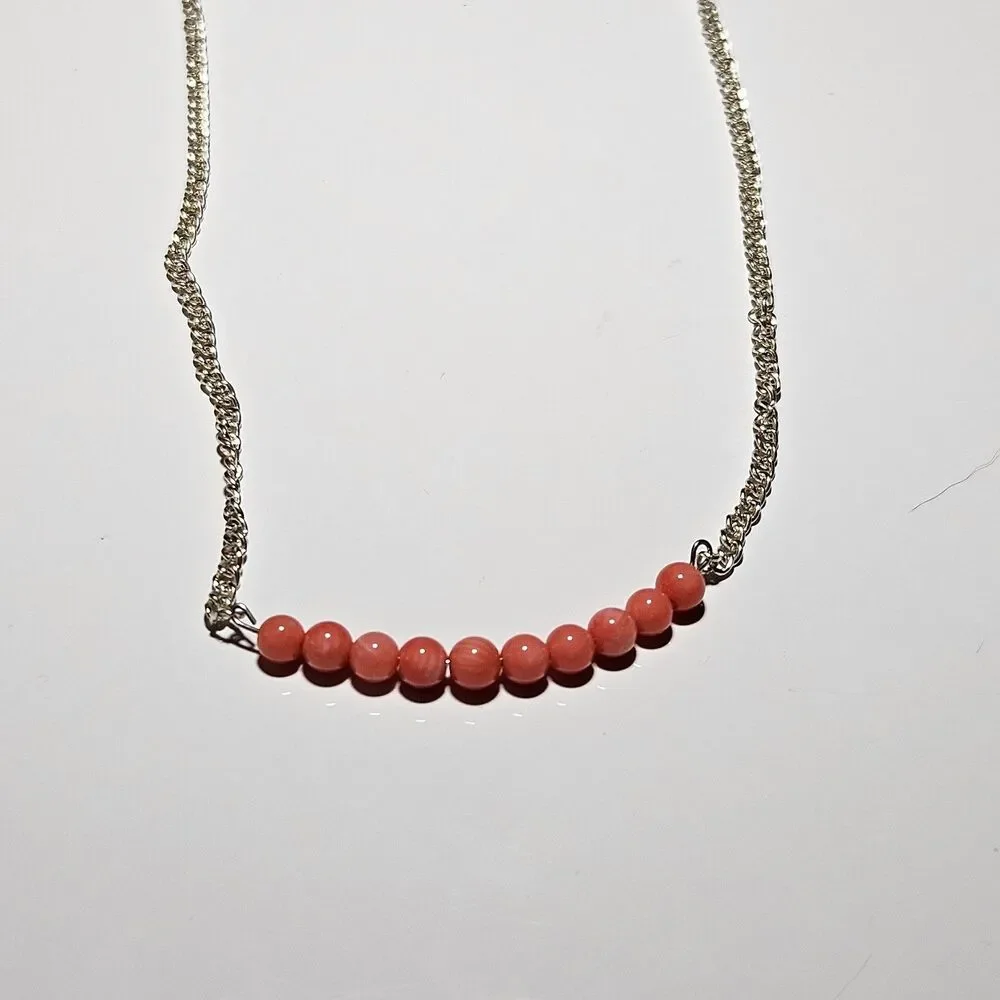 Silver Tone Pink Coral Colored Beaded Necklace 21.5